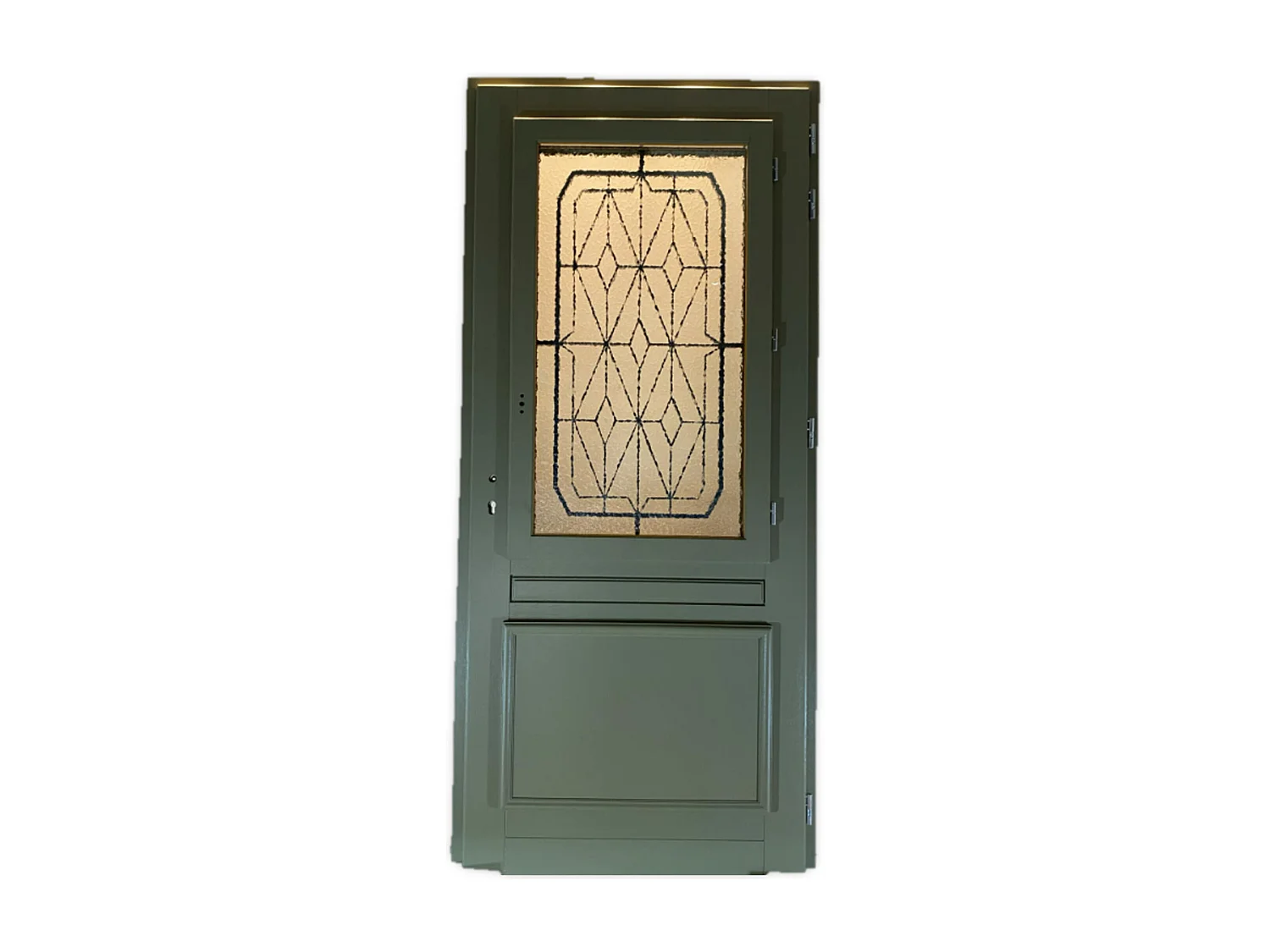 Porte D'entrée Bois Vitrée Canelle Vert Ral 7002, H.215xl.90 Côte Tableau P. Gauche Gd Menuiseries