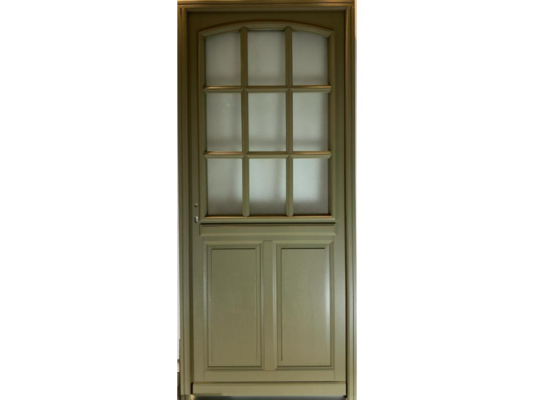 Porte d'entree Bois vitree, Andore Vert RAL 7002, H,215xl,90  p, droit Cotes Tableau