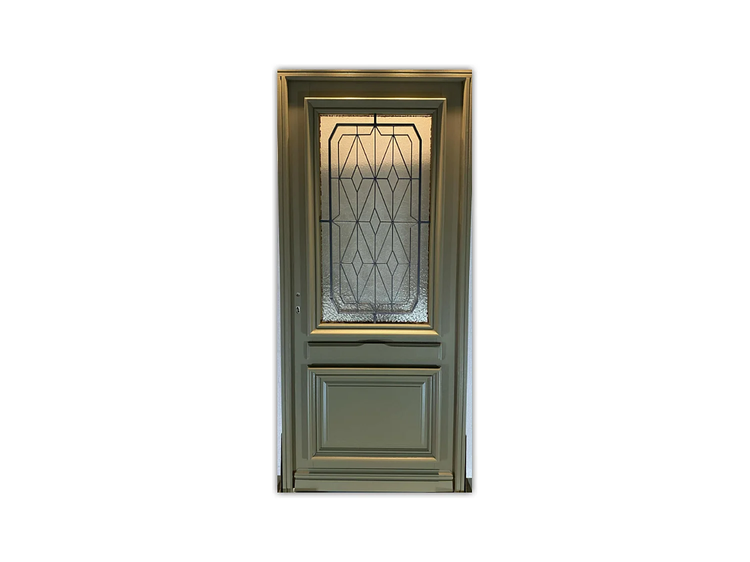 Porte d'entree Bois  vitree, Canelle Vert RAL 7002, H,215xl,90  p,droit Cotes Tableau