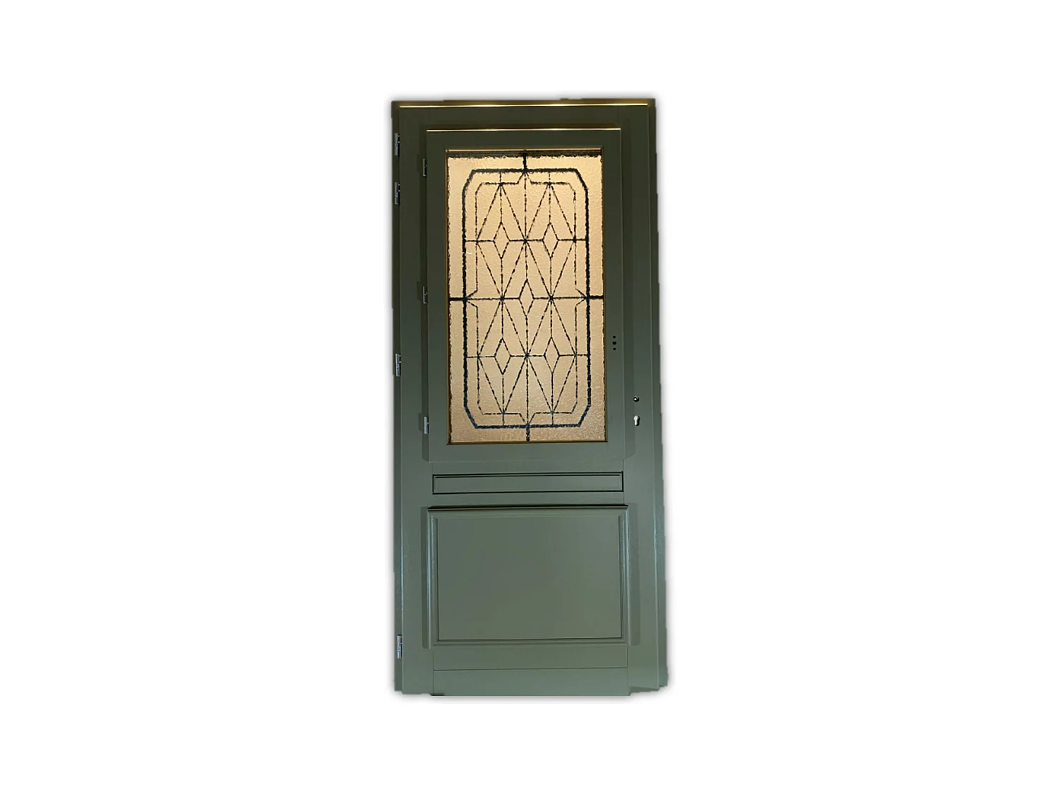 Porte d'entree Bois  vitree, Canelle Vert RAL 7002, H,215xl,90  p,droit Cotes Tableau