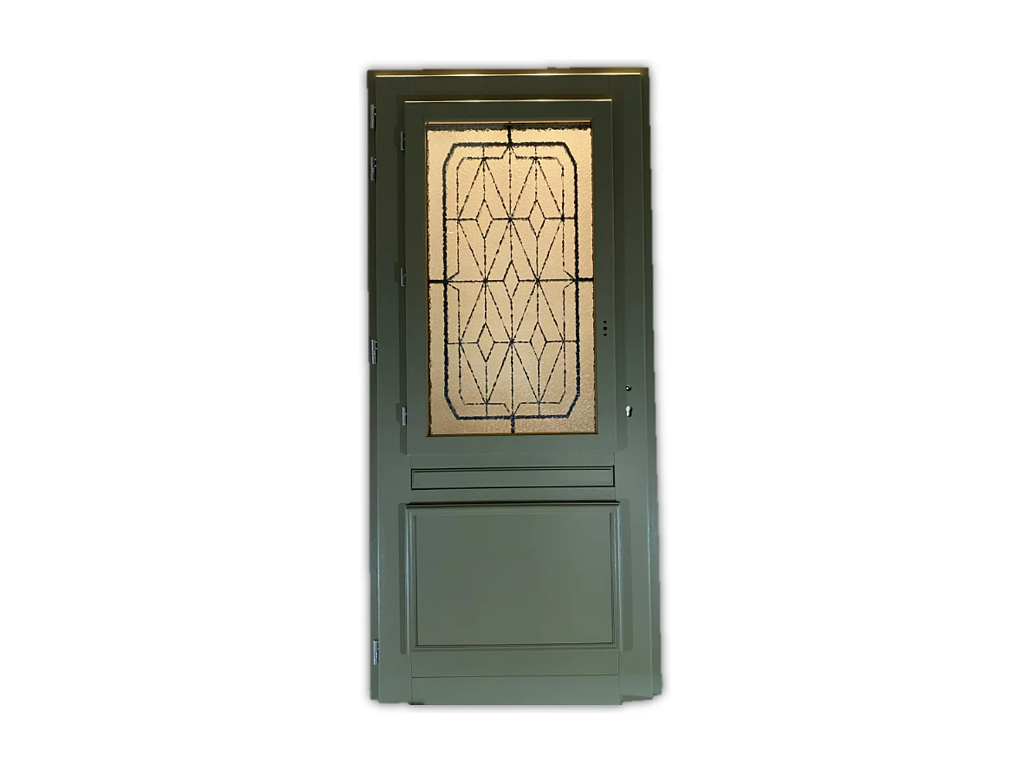 Porte d'entree Bois  vitree, Canelle Vert RAL 7002, H,215xl,90  p,droit Cotes Tableau