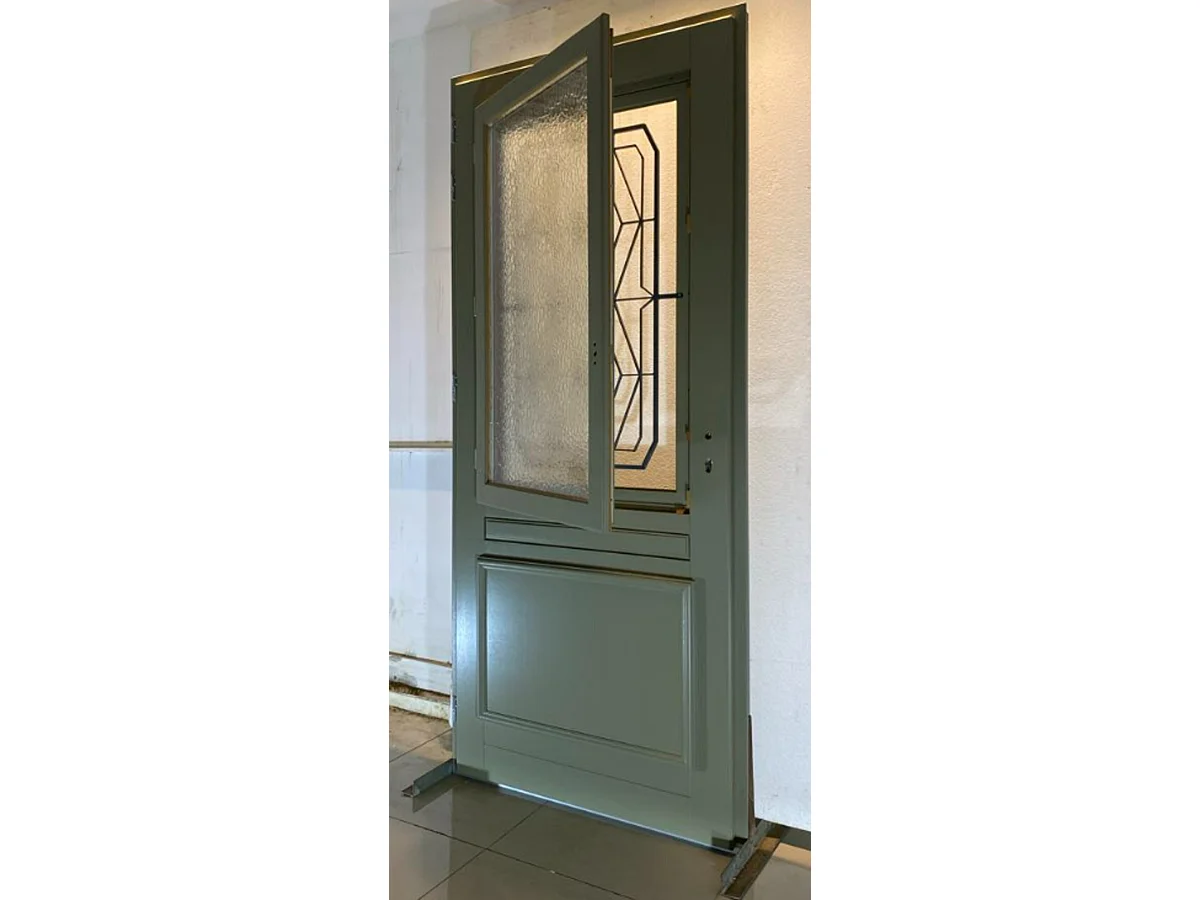 Porte d'entree Bois  vitree, Canelle Vert RAL 7002, H,215xl,90  p,droit Cotes Tableau