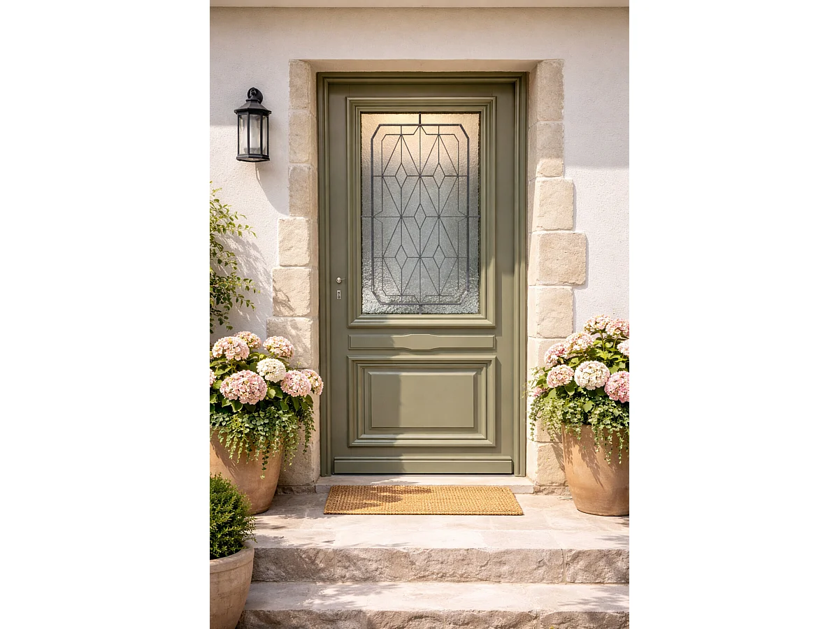 Porte D'entrée Bois Vitrée Canelle Vert Gris Olive, H215 X L90 Cm Côte Tableau, P,droit Gd Menuiseries