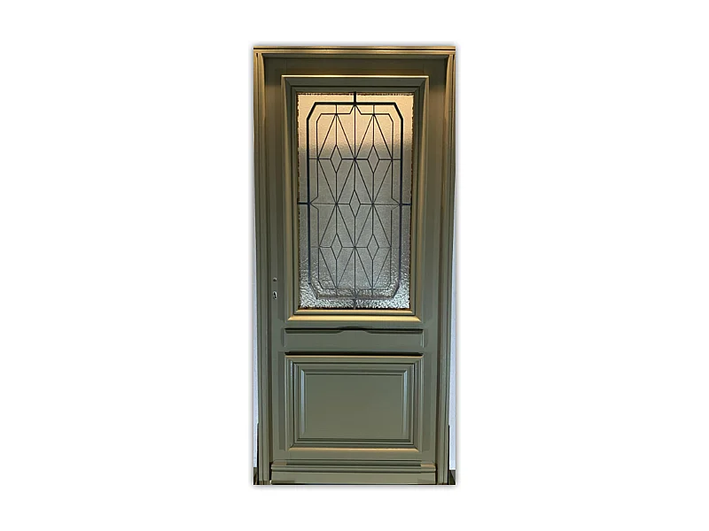 Porte d'entree Bois  vitree, Canelle Vert RAL 7002, H,215xl,90  p,droit Cotes Tableau