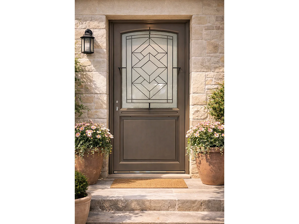 Porte D'entrée Bois Vitrée Elodie Gris Quartz, H.215xl.90 Cm Côte Tableau P.droit Gd Menuiseries