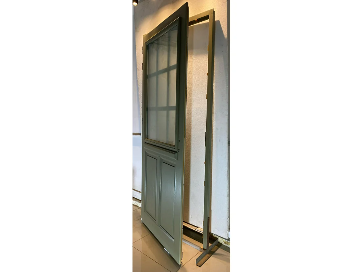 Porte d'entree Bois vitree, Andore Vert RAL 7002, H,215xl,80  p, droit Cotes Tableau