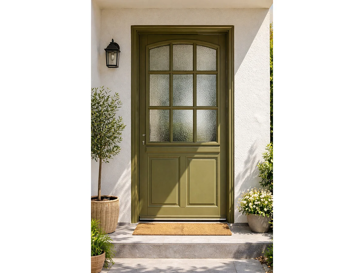 Porte d'entree Bois vitree, Andore Vert RAL 7002, H,215xl,80 p, droit Cotes Tableau