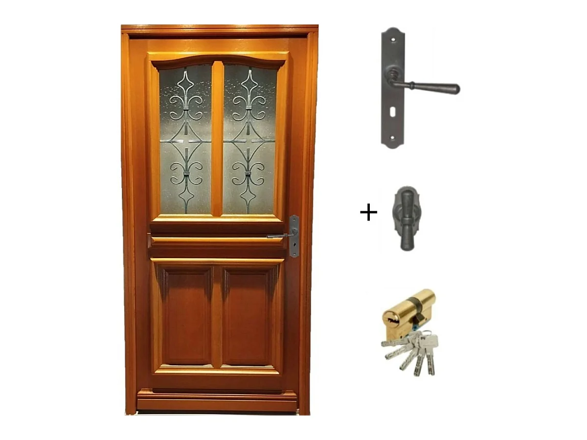 Porte d'entree Bois vitree, Vauban, H,200xl,90  p,gauche + Poignee Et Barillet (ref 010403RFP) Cotes Tableau