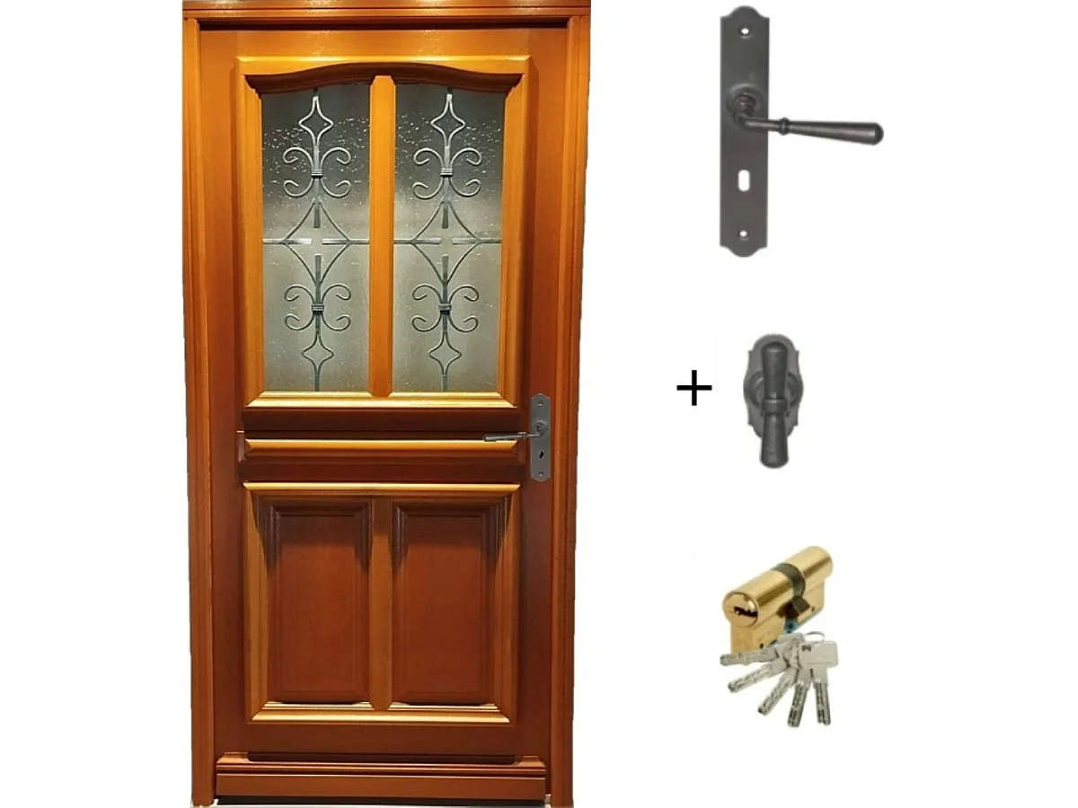 Porte d'entree Bois vitree, Vauban, H,200xl,90 p,gauche + Poignee Et Barillet (ref 010403RFP) Cotes Tableau