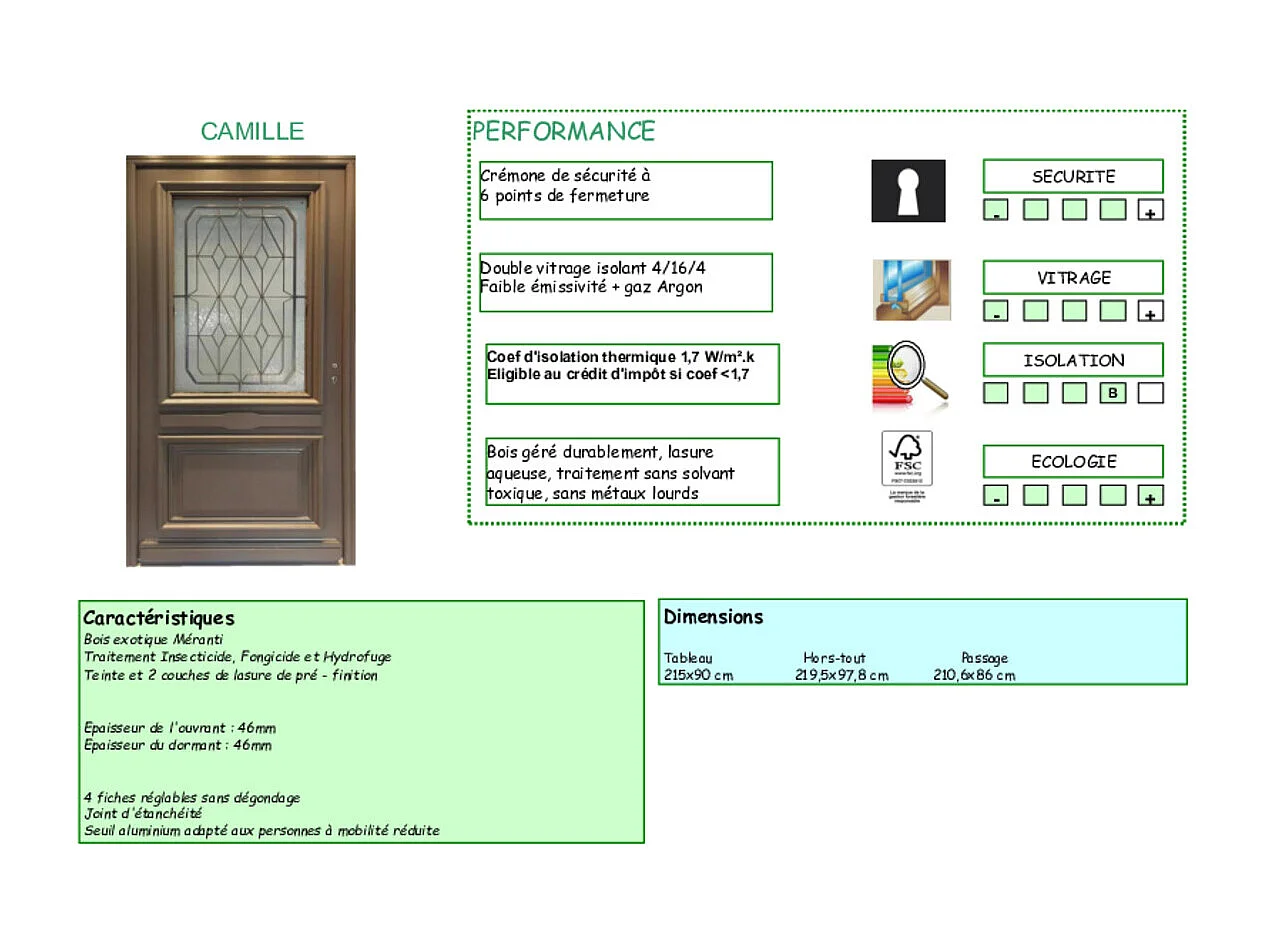 Porte d'entree Bois  vitree, Camille Gris RAL 7039, H,215xl,90  p,gauche Cotes Tableau