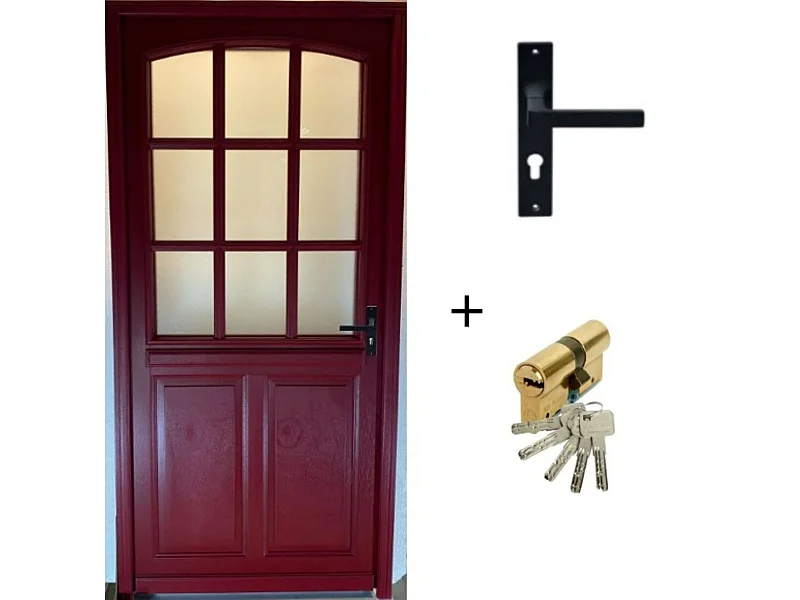 Porte d'entree Bois vitree, Alize Rouge RAL 3004, H,215xl,90  p,gauche  + Poignee Et Barillet (010723NO) Cotes Tableau