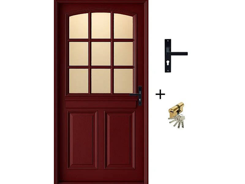 Porte d'entree Bois vitree, Alize Rouge RAL 3004, H,215xl,90  p,gauche  + Poignee Et Barillet (010723NO) Cotes Tableau