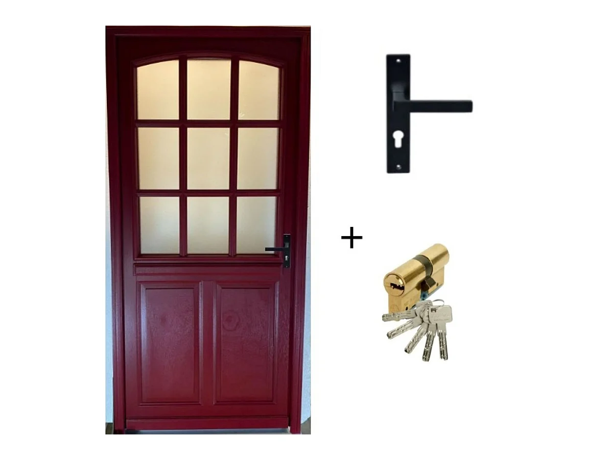 Porta d'ingresso in legno vitreo, Alize RAL 3004, H,215xl,90 p,sinistra  + Maniglia e Fusto (010723NO) Dimensioni Tabella senza maniglia