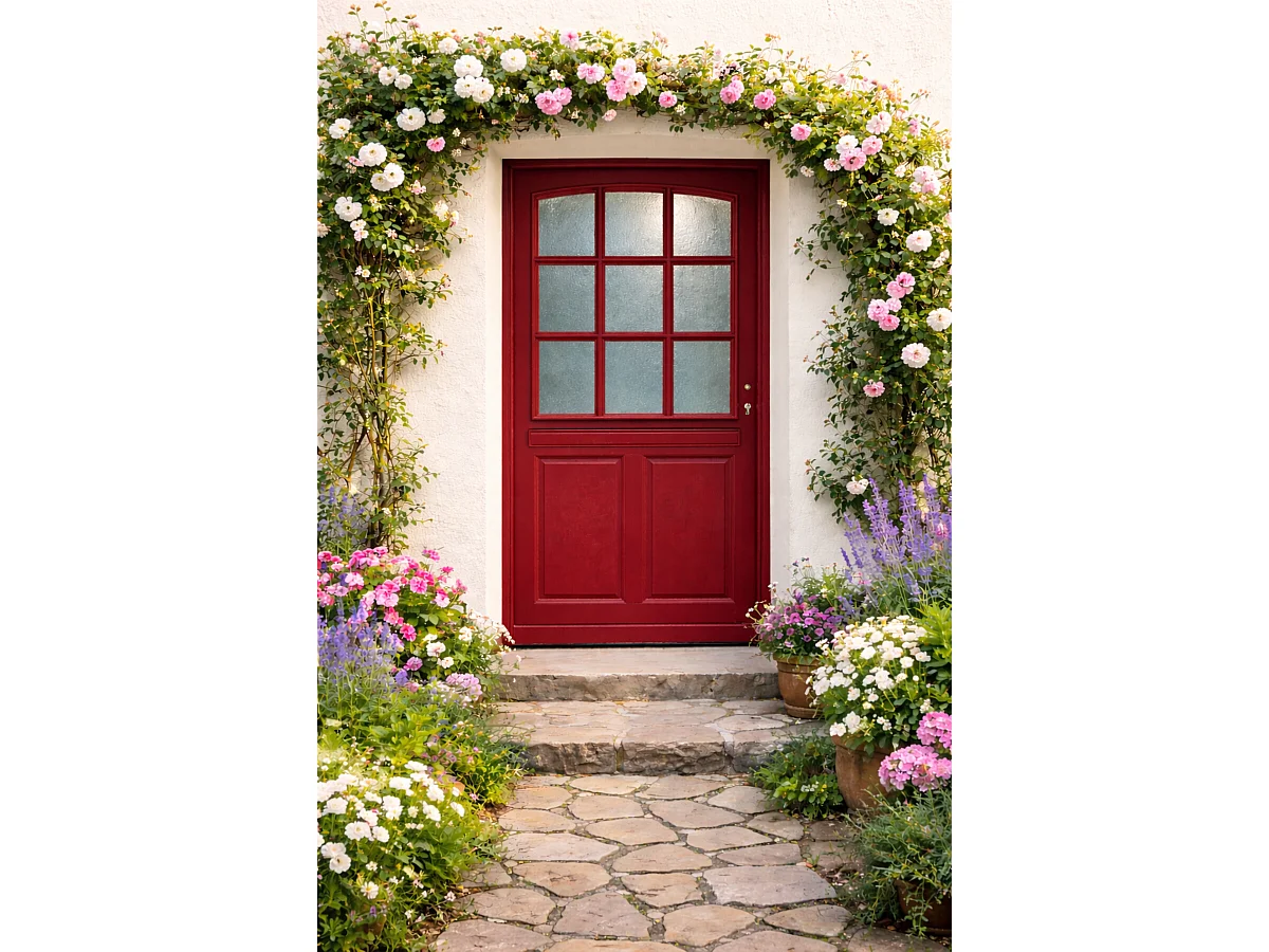 Porte D'entrée Bois Vitrée Alize Rouge Ral 3004, H.215xl.90 P,gauche Cotes Tableau, Poignée Barillet Gd Menuiseries