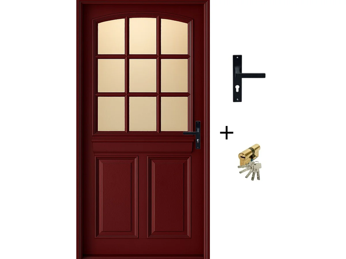 Porte D'entrée Bois Vitrée Alize Rouge Ral 3004, H.215xl.90 P,gauche Cotes Tableau, Poignée Barillet Gd Menuiseries