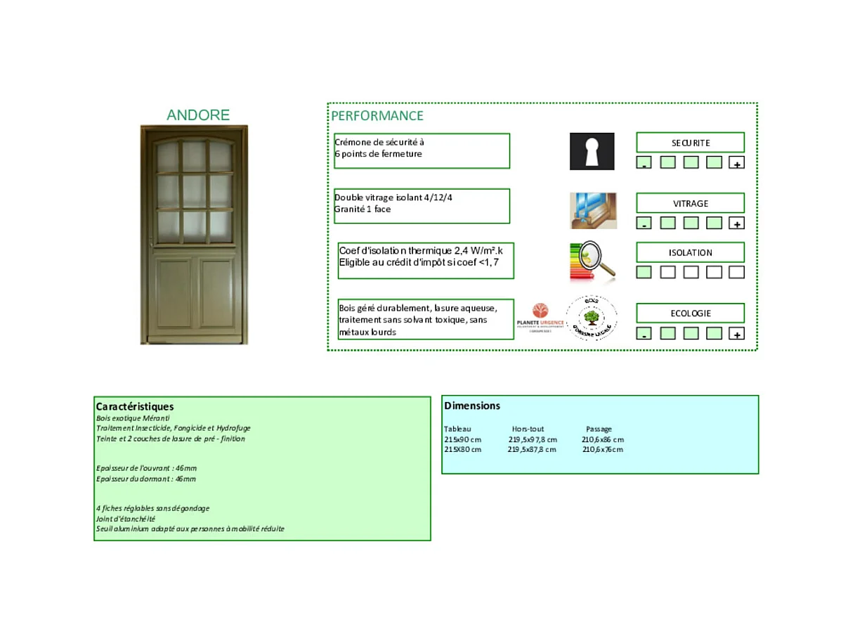 Porte d'entree Bois vitree, Andore Vert RAL 7002, H,215xl,90  p, gauche Cotes Tableau