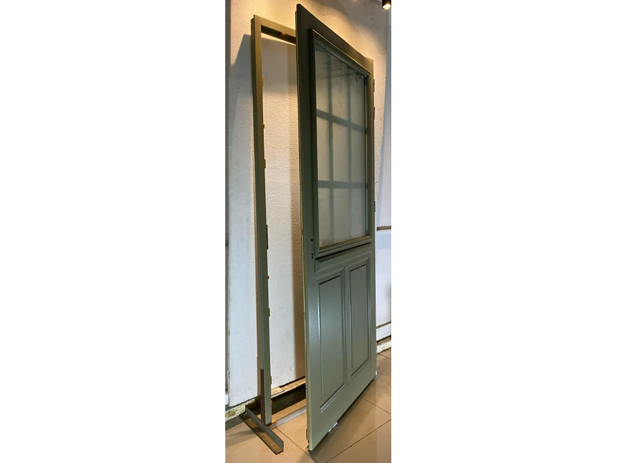 Porte d'entree Bois vitree, Andore Vert RAL 7002, H,215xl,90 p, gauche Cotes Tableau