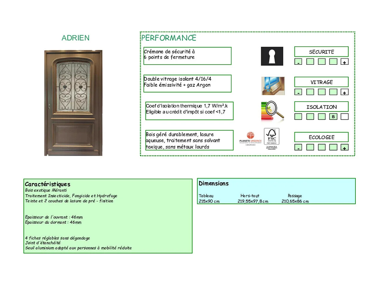 Porte d'entree Bois  vitree, Adrien Gris RAL 7039, H,215xl,90  p,gauche Cotes Tableau