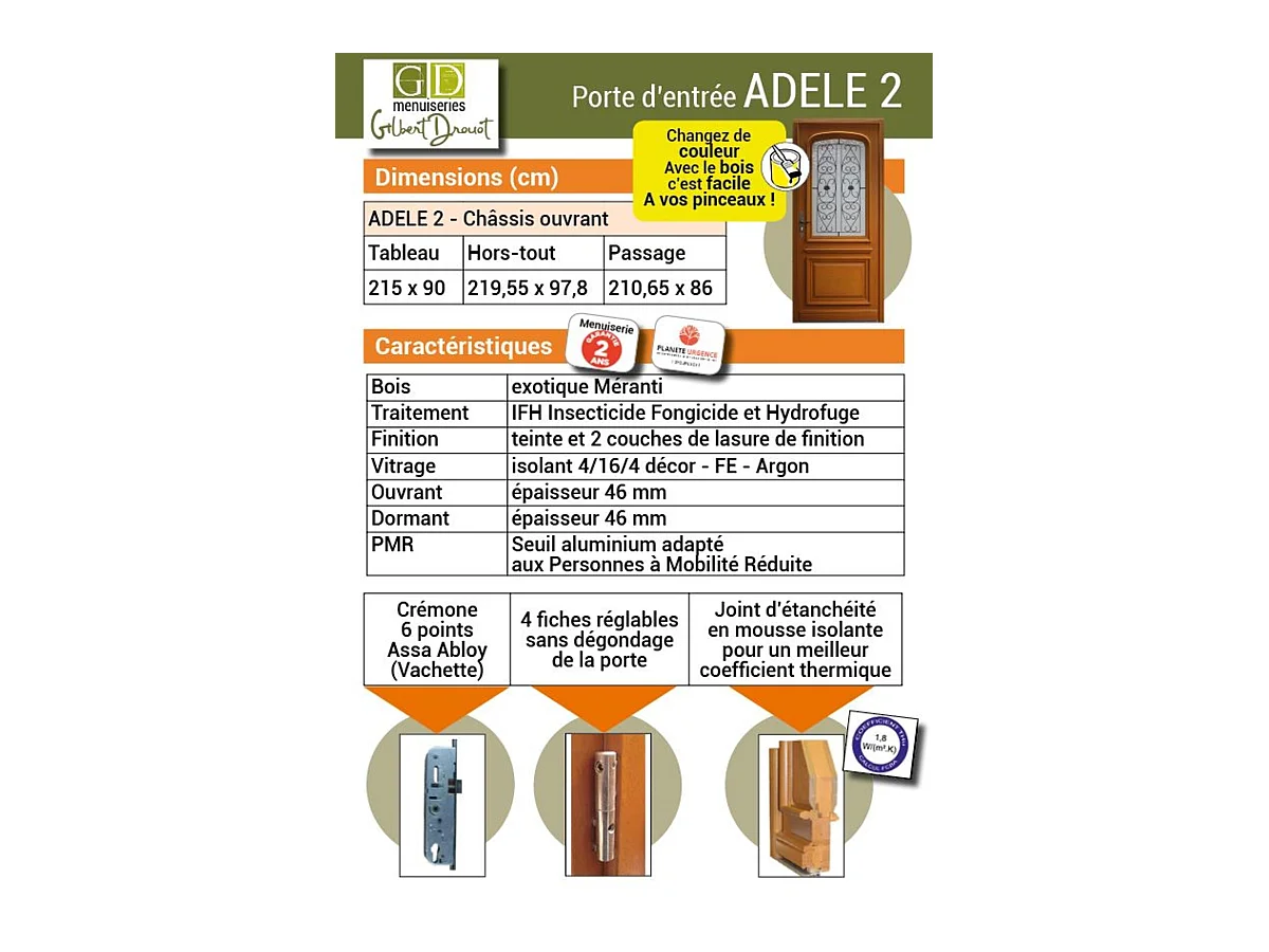 Porte d'entree Bois  vitree, Adrien Gris RAL 7039, H,215xl,90  p,gauche Cotes Tableau