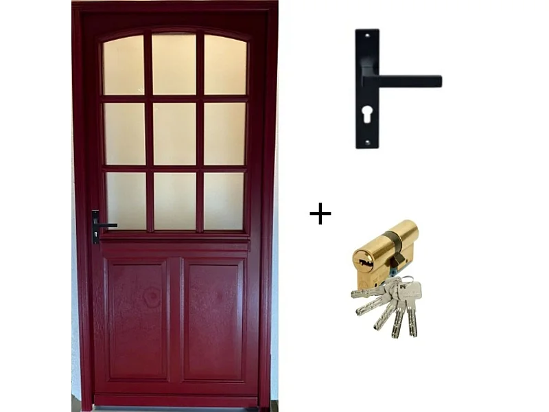 Porte d'entree Bois vitree, Alize Rouge RAL 3004, H,215xl,90  p, droit + Poignee Et Barillet (010723NO) Cotes Tableau