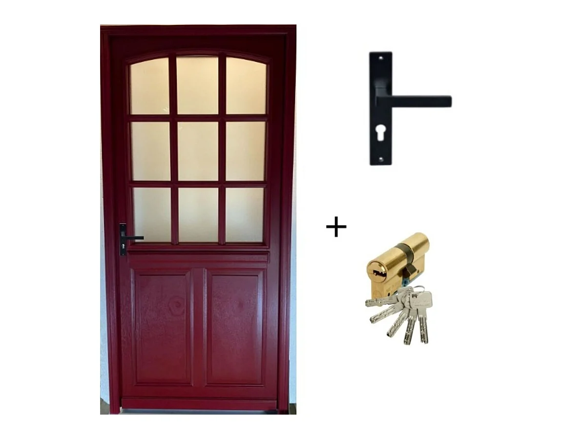 Porte d'entree Bois vitree, Alize Rouge RAL 3004, H,215xl,90  p, droit + Poignee Et Barillet (010723NO) Cotes Tableau