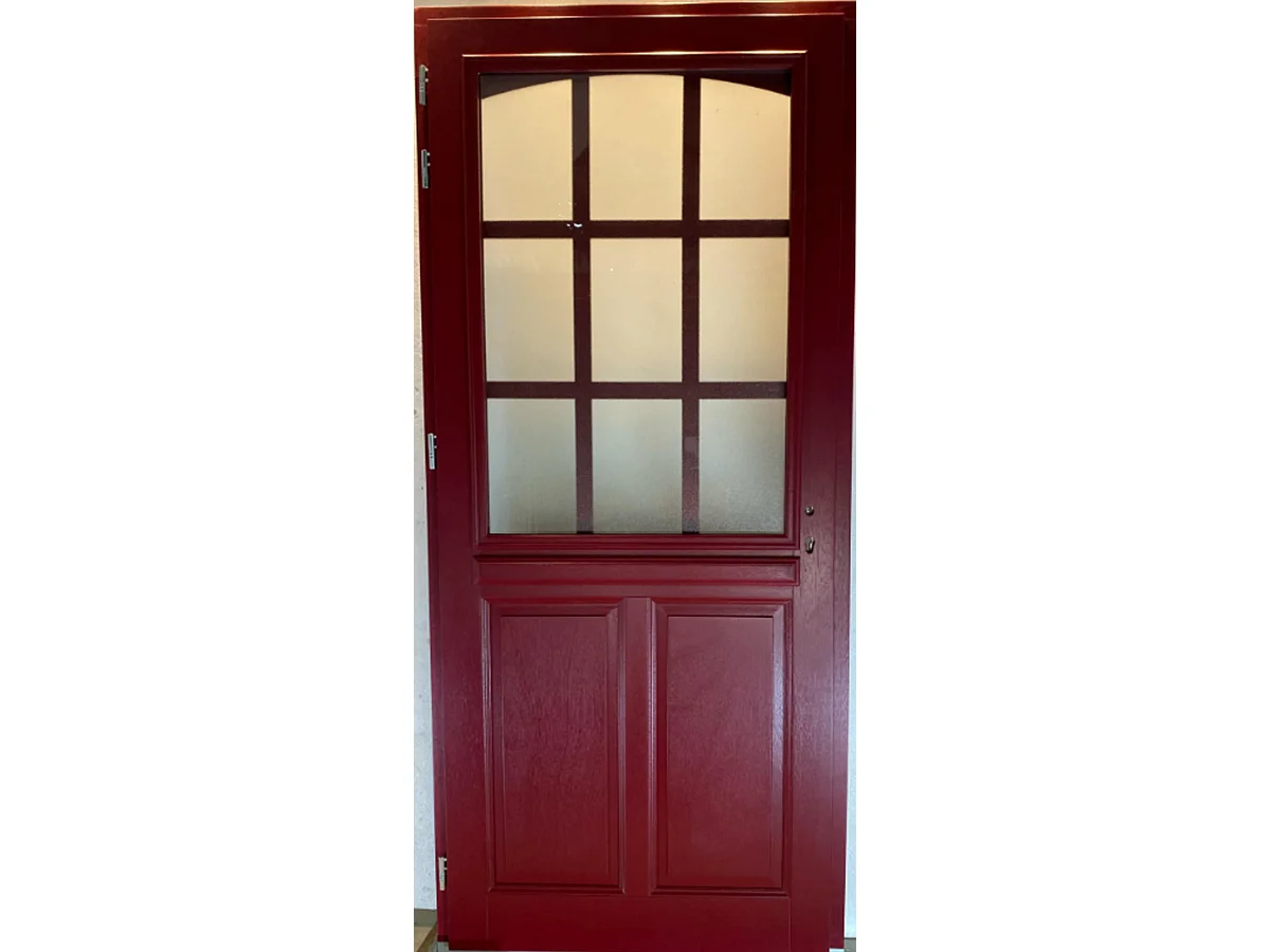 Porte d'entree Bois vitree, Alize Rouge RAL 3004, H,215xl,90  p, droit + Poignee Et Barillet (010723NO) Cotes Tableau