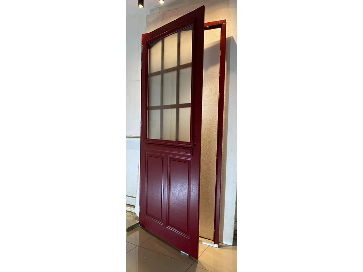 Porte d'entree Bois vitree, Alize Rouge RAL 3004, H,215xl,90  p, droit + Poignee Et Barillet (010723NO) Cotes Tableau