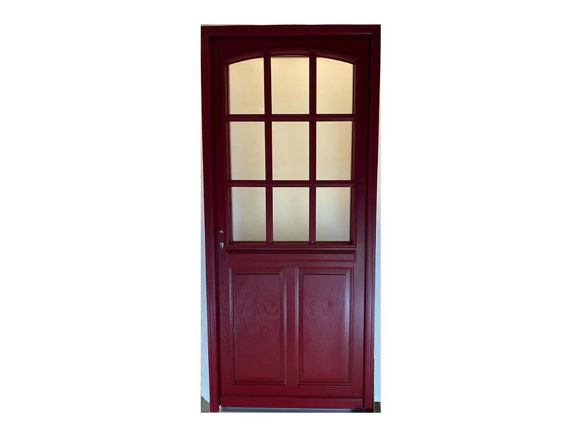 Porte d'entree Bois vitree, Alize Rouge RAL 3004, H,215xl,90  p, droit + Poignee Et Barillet (010723NO) Cotes Tableau