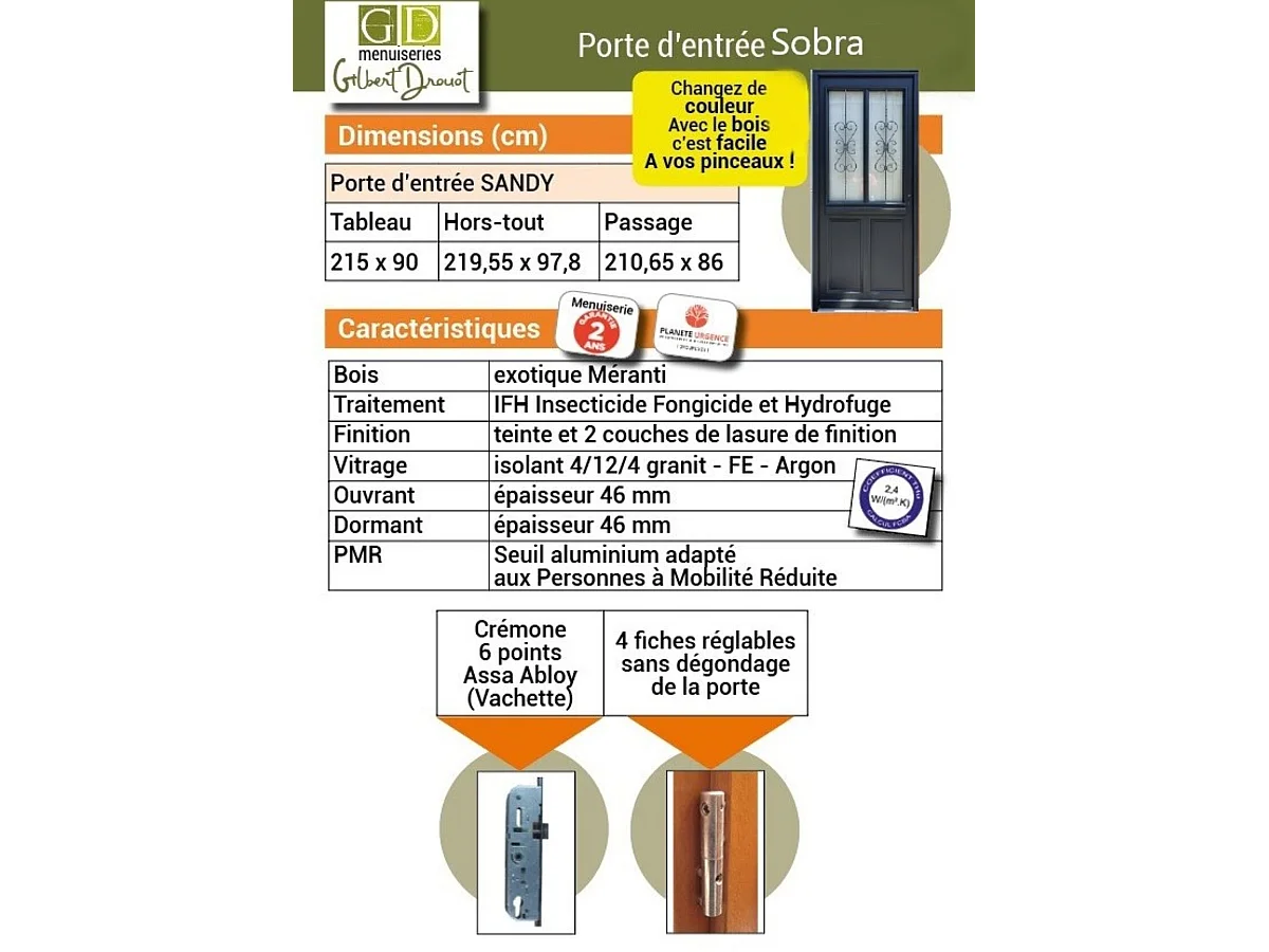 Porte D'entrée Bois Vitrée Sobra, H215 X L90 Cm Côte Tableau P.gauche (poignée, Barillet Ref 010403fp) Gd Menuiseries