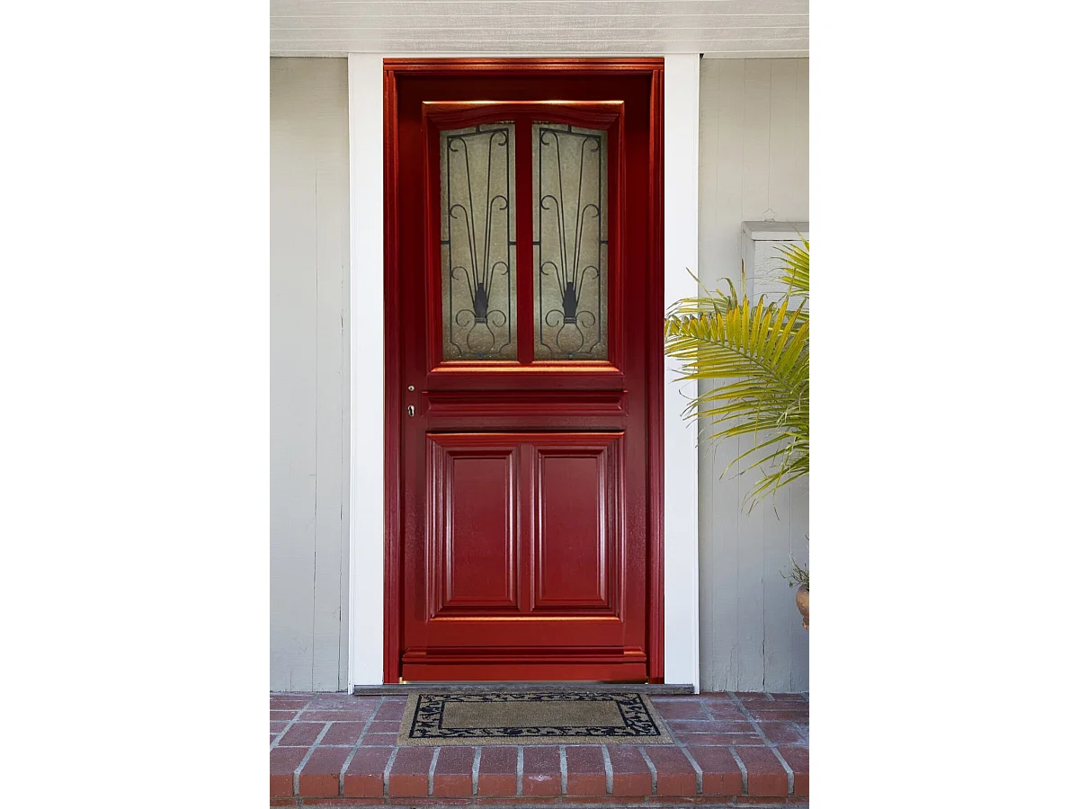 Porte d'entree Bois vitree, Martine Rouge RAL 3004, H,215xl,90  p, droit Cotes Tableau