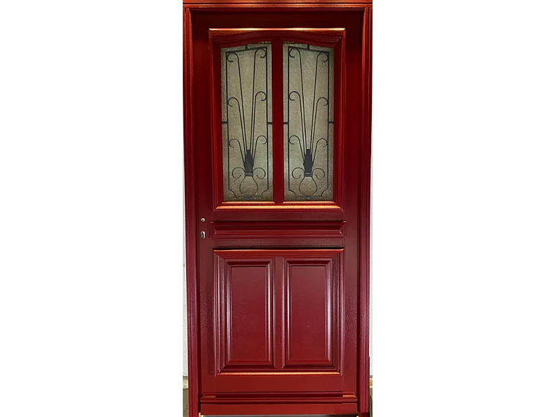 Porte d'entree Bois vitree, Martine Rouge RAL 3004, H,215xl,90  p, droit Cotes Tableau