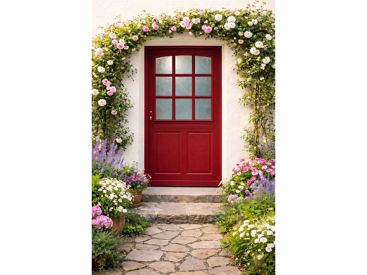 Porte D'entrée Bois Vitrée Alize Rouge Pourpre, H215 X L90 Cm Côte Tableau P.droit Gd Menuiseries