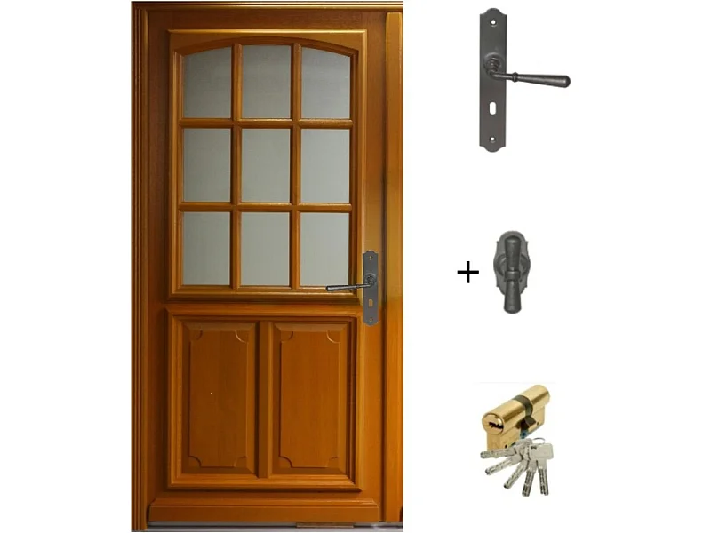 Porte d'entree Bois vitree, Marine, H,200xl,90  p,gauche + Poignee Et Barillet (ref 010403RFP) Cotes Tableau