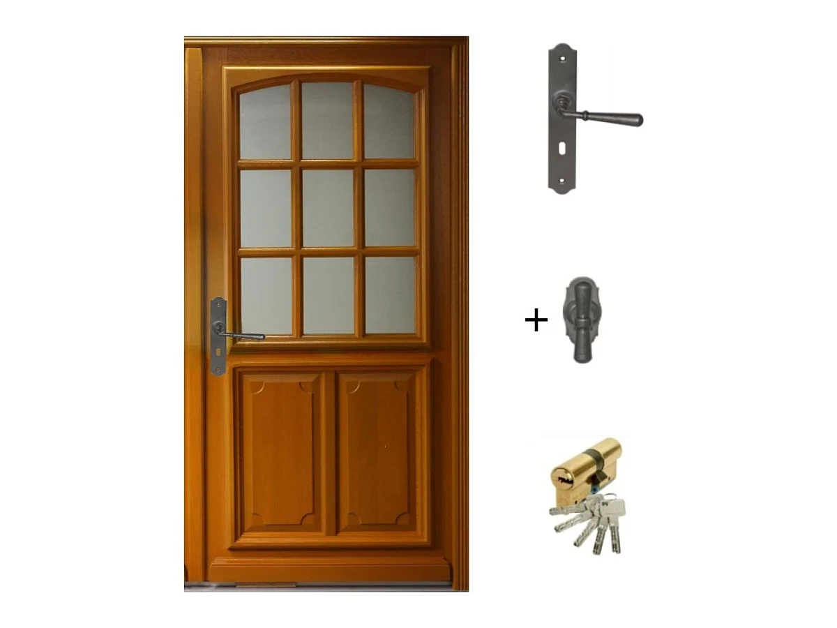 Porte d'entree Bois vitree, Marine, H,200xl,90  p, droit + Poignee Et Barillet (ref 010403RFP) Cotes Tableau