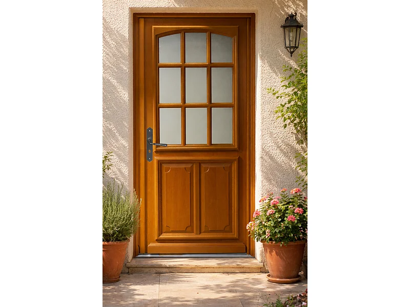 Porte D'entrée Bois Vitrée Marine, H.200 X L.90 P.droit, Poignée, Barillet Cotes Tableau Gd Menuiseries