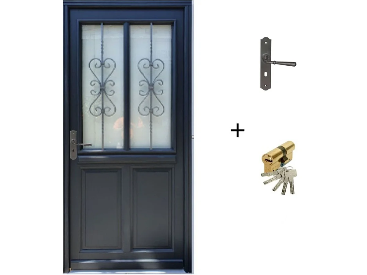 Porte d'entree Bois vitree, Sobra, H,215xl,90  p, droit + Poignee Et Barillet (ref 010403FP) Cote Tableau