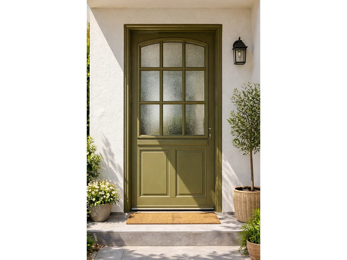 Porte D'entrée Bois Vitrée Andore Vert Gris Olive, H215 X L80 Cm Côte Tableau P.gauche Gd Menuiseries