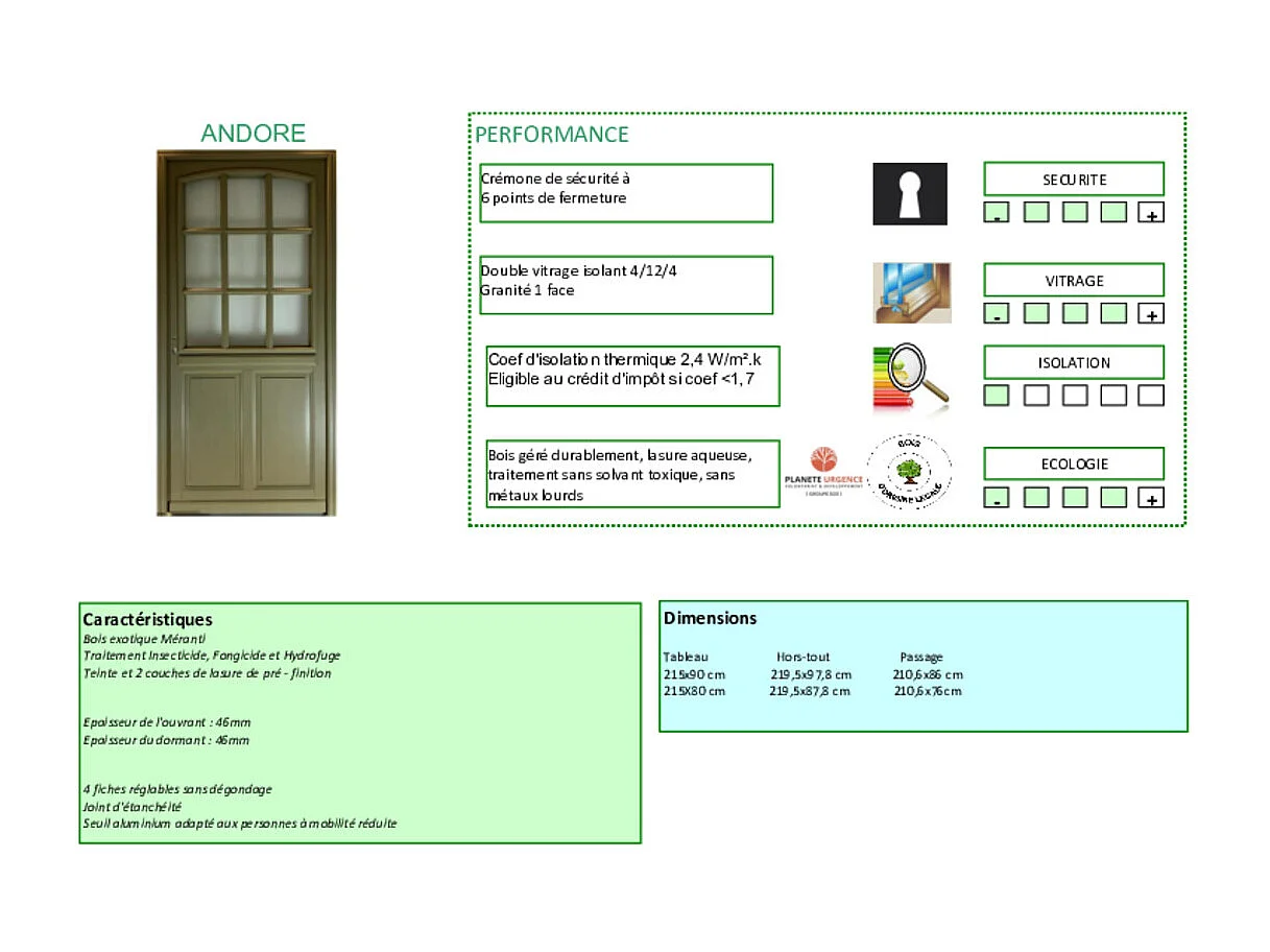 Porte D'entrée Bois Vitrée Andore Vert Gris Olive, H215 X L80 Cm Côte Tableau P.gauche Gd Menuiseries