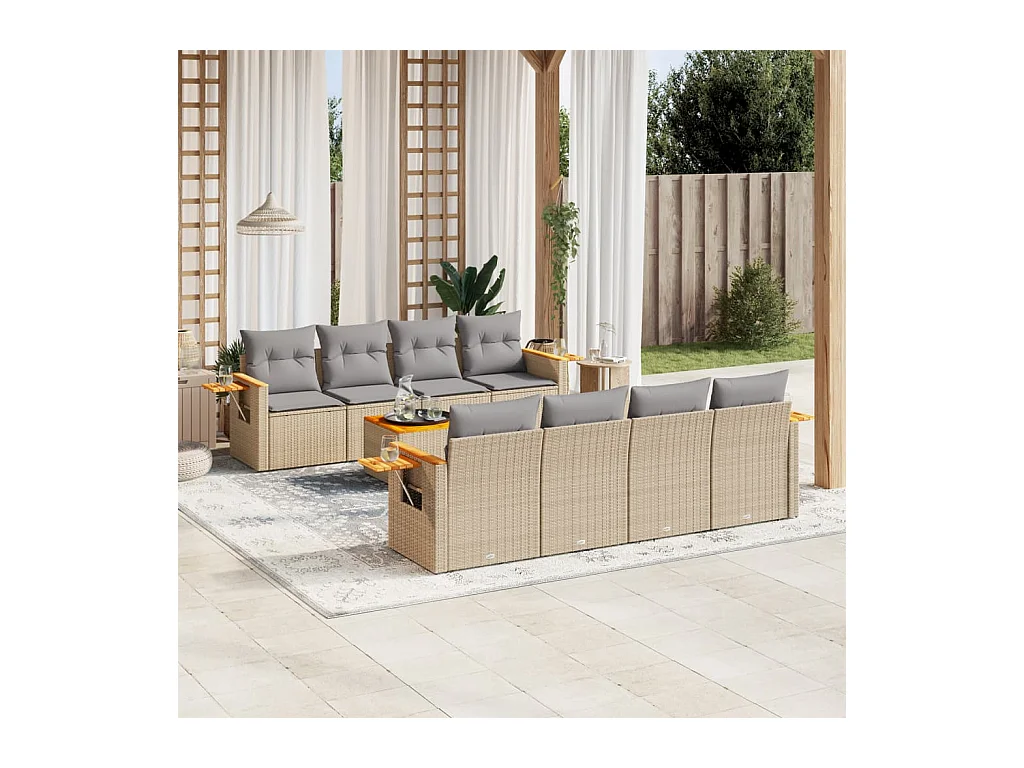 Salon de jardin avec coussins 9 pcs beige résine tressée