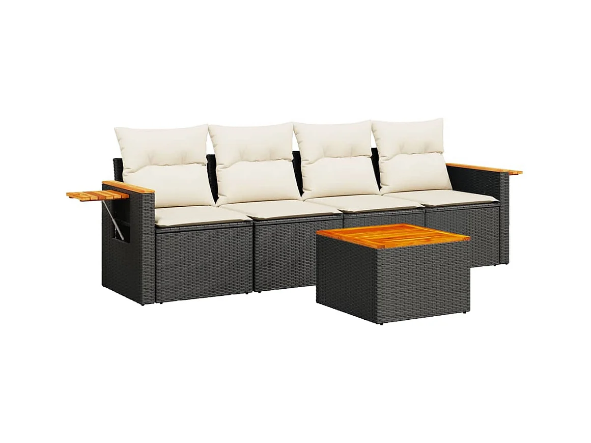 Salon de jardin 5 pcs avec coussins noir résine tressée