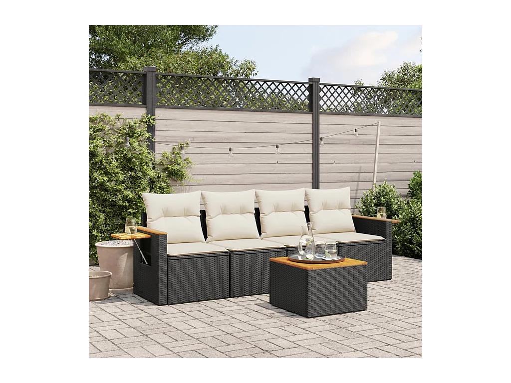 Salon de jardin 5 pcs avec coussins noir résine tressée
