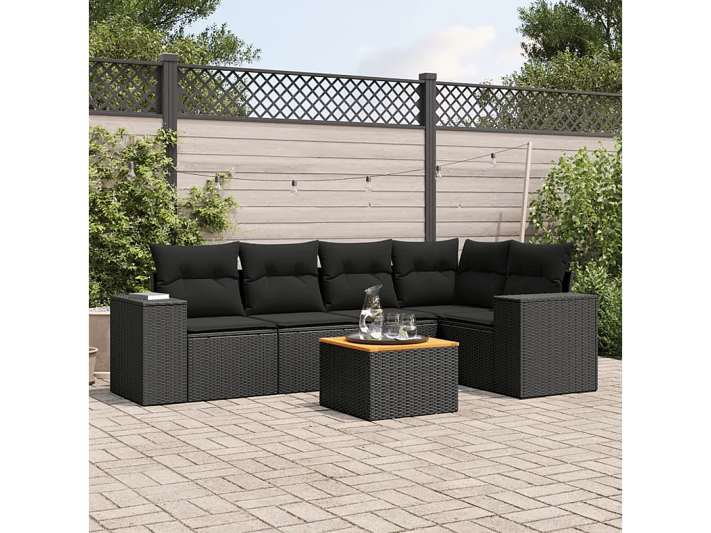 Salon de jardin 6 pcs avec coussins noir résine tressée