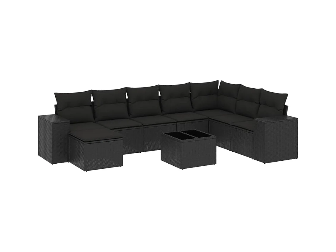 Salon de jardin 9 pcs avec coussins noir résine tressée