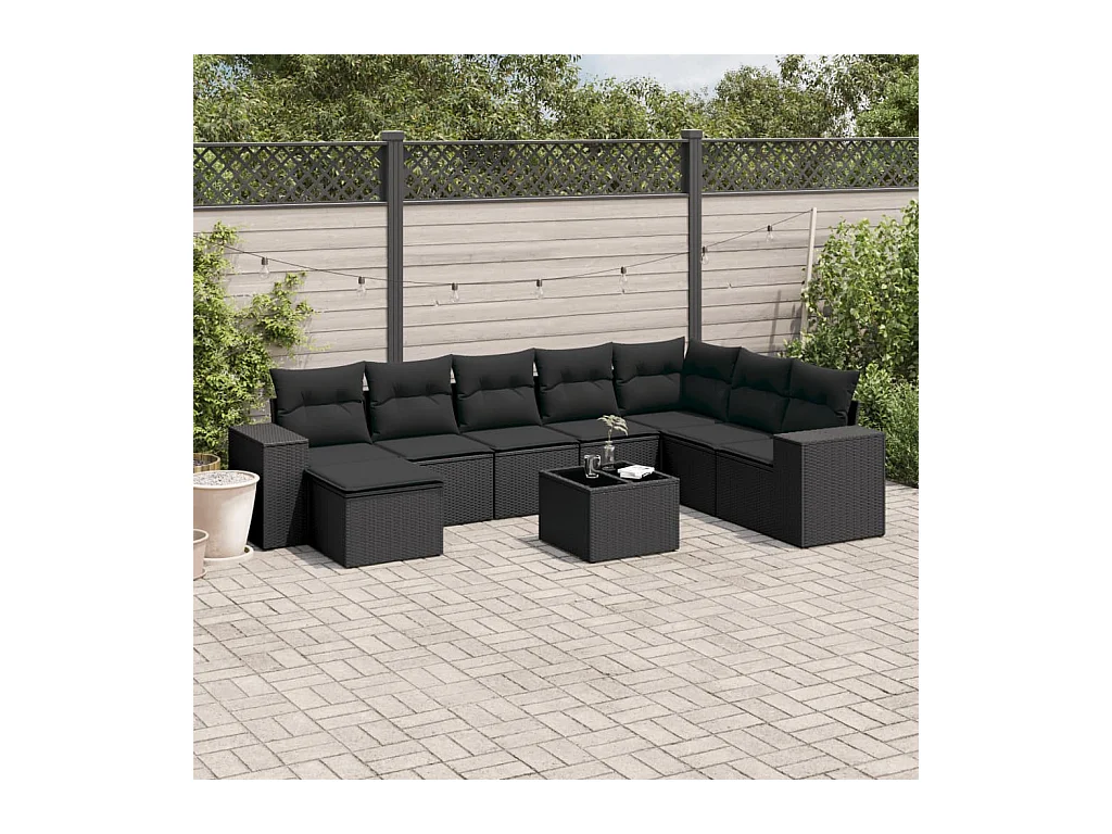 Salon de jardin 9 pcs avec coussins noir résine tressée