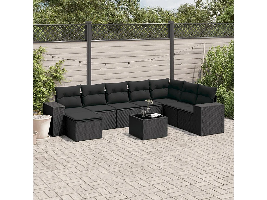 Salon de jardin 9 pcs avec coussins noir résine tressée