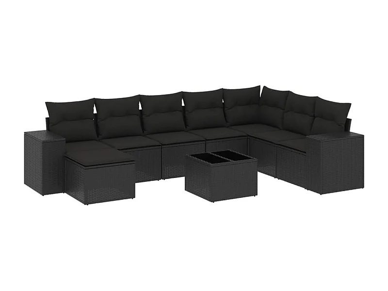 Salon de jardin 9 pcs avec coussins noir résine tressée