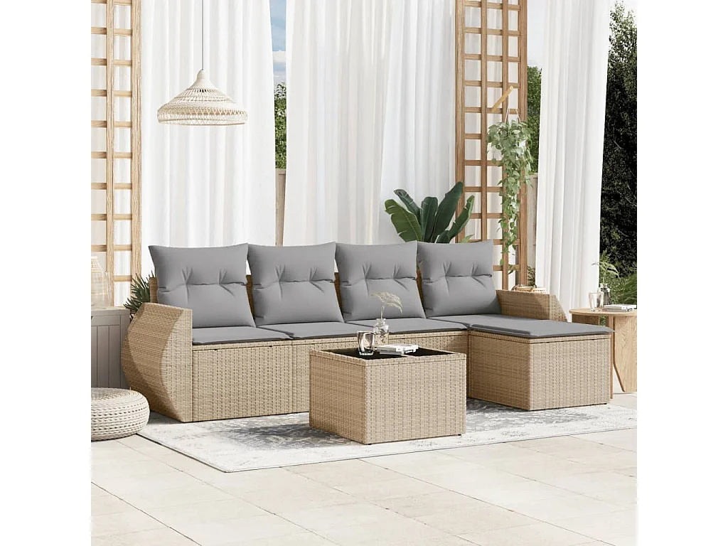 Salon de jardin avec coussins 6 pcs beige résine tressée