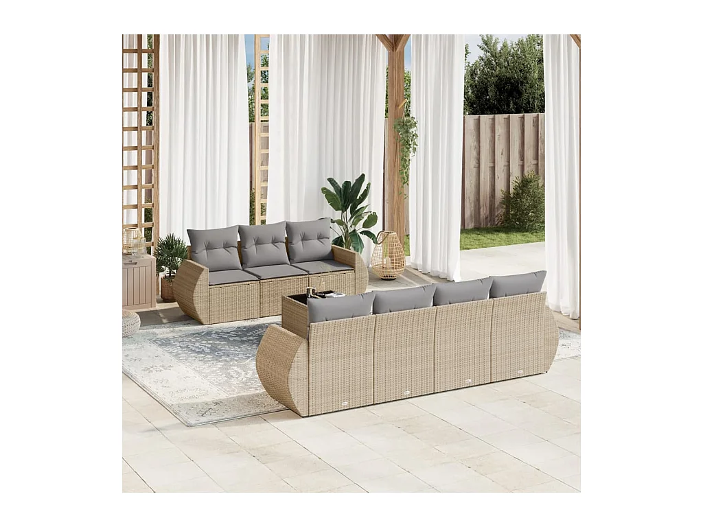 Salon de jardin avec coussins 8 pcs beige résine tressée