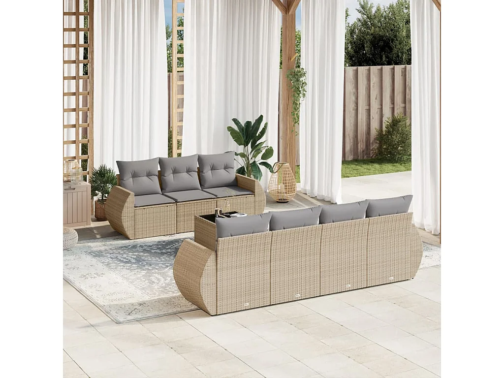 Salon de jardin avec coussins 8 pcs beige résine tressée