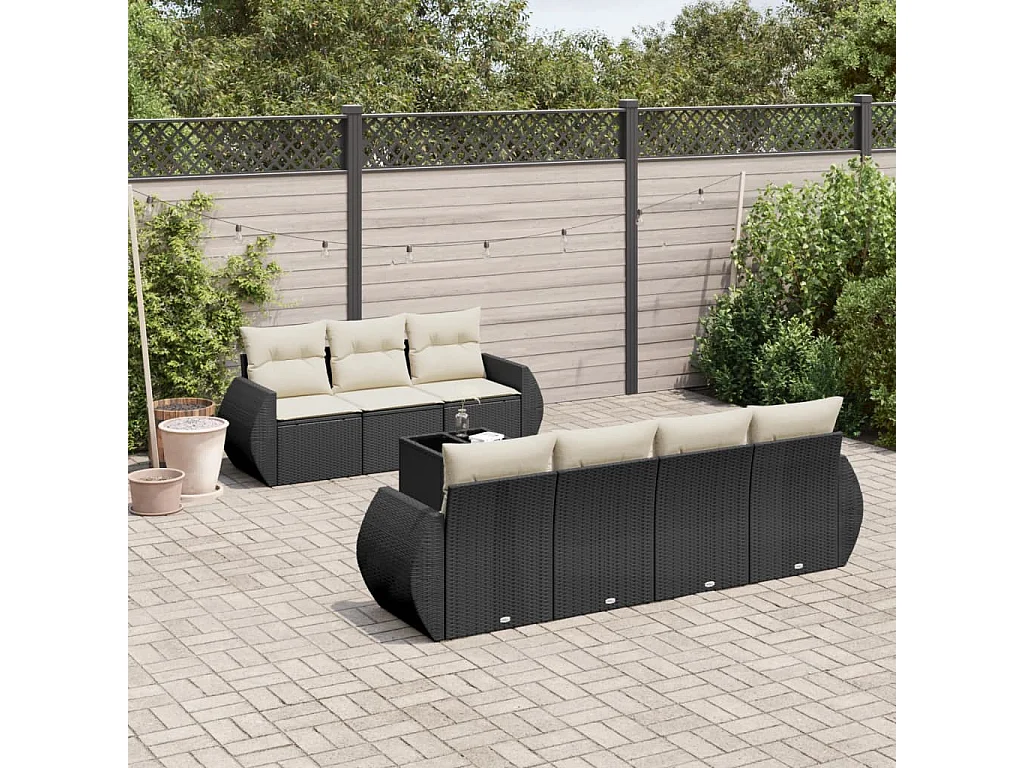 Salon de jardin 8 pcs avec coussins noir résine tressée